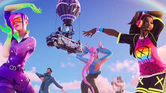 Fortnite characters dance outside under a cloudy blue sky.