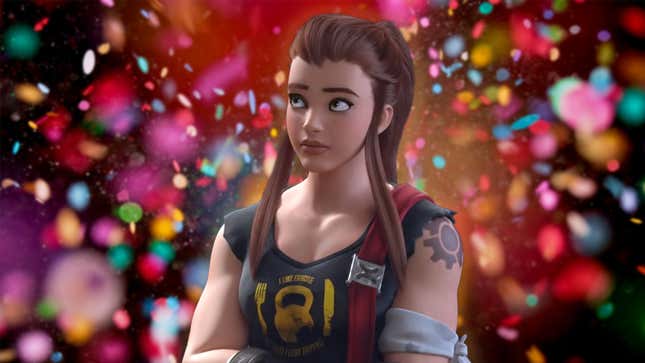 An image shows Brigitte standing with her arms crossed in front of a bunch of confetti. 