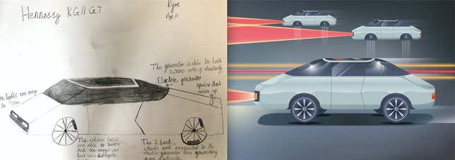 The Hennessy K Cell GT runs on a generator which holds 11,000 volts of electricity. The two back wheels are connected to the electric generator and are thus able to generate more electricity. All four wheels can be tucked in and the alloys turn into helicopter propellers enabling the car to fly. Its front lights enable visibility up to 100 metres.