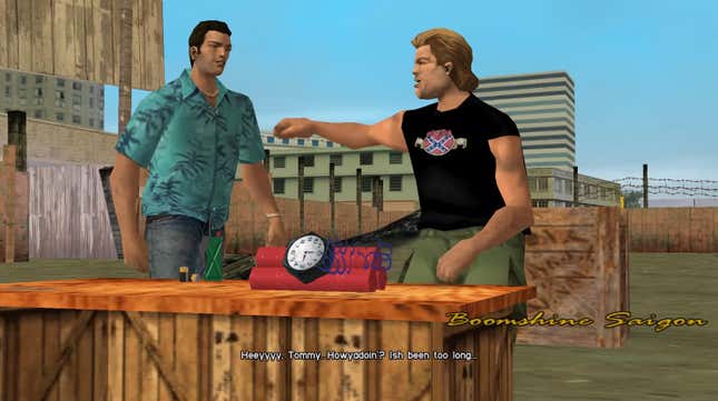 GTA: Vice City's protagonist meets Phil Cassidy at his explosives test site. 