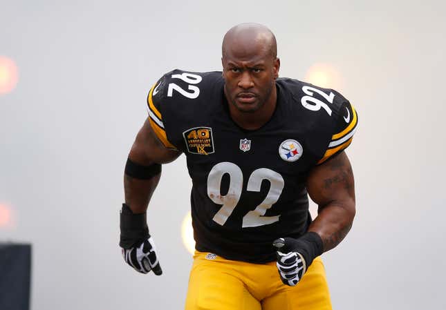 James Harrison is pretending to be a pro wrestler. We think he’s doing a realistic job.