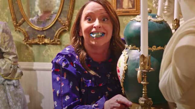 Rachel Dratch with a mouth full of cake
