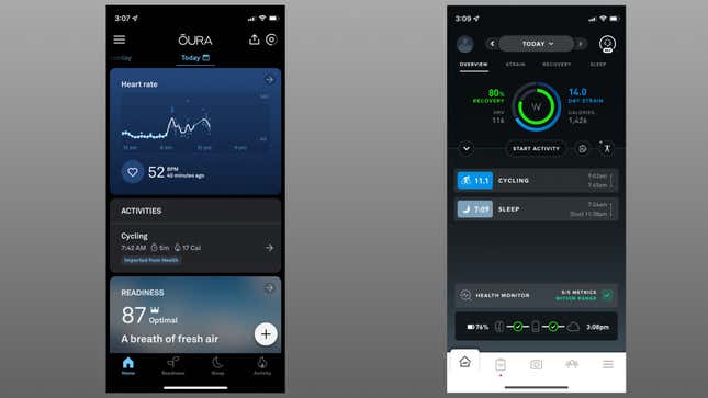 Screenshot of Oura app, left, and Whoop app, right