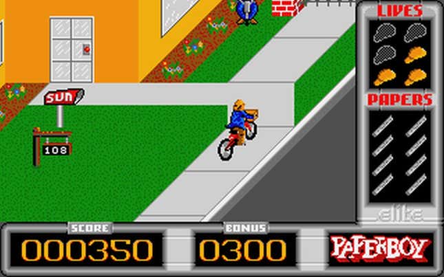 A screenshot of Paperboy's zigzaggy sidewalks.