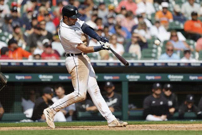 Sep 14, 2023; Detroit, Michigan, USA; Detroit Tigers right fielder Matt Vierling (8) hits a grand slam in the eighth inning against the Cincinnati Reds at Comerica Park.