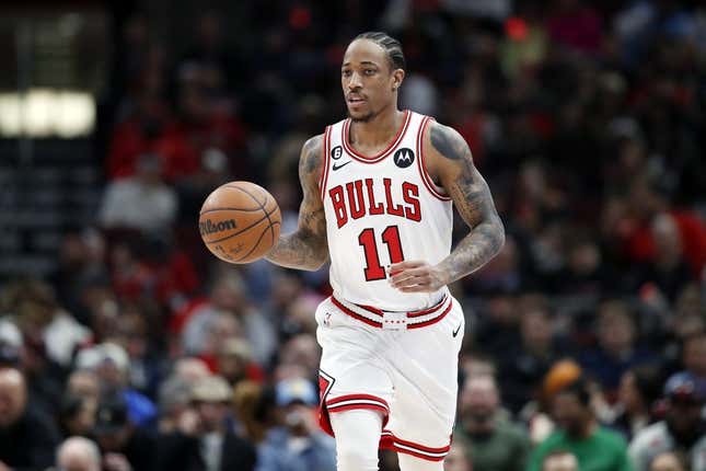 Feb 13, 2023; Chicago, Illinois, USA; Chicago Bulls forward DeMar DeRozan (11) brings the ball up court against the Orlando Magic during the first half at United Center.