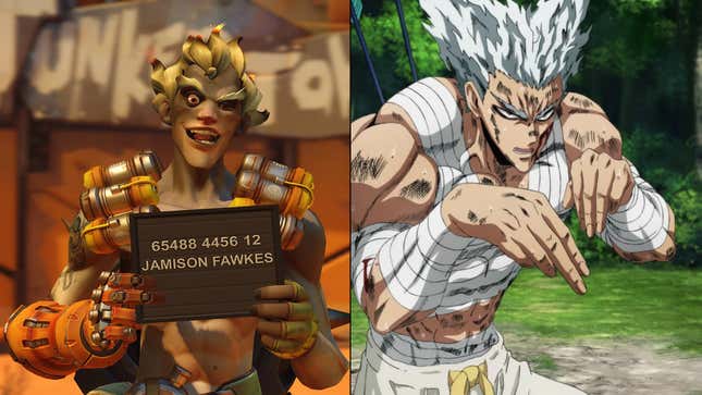 A side-by-side image of Overwatch's Junkrat and One Punch Man's Garou.
