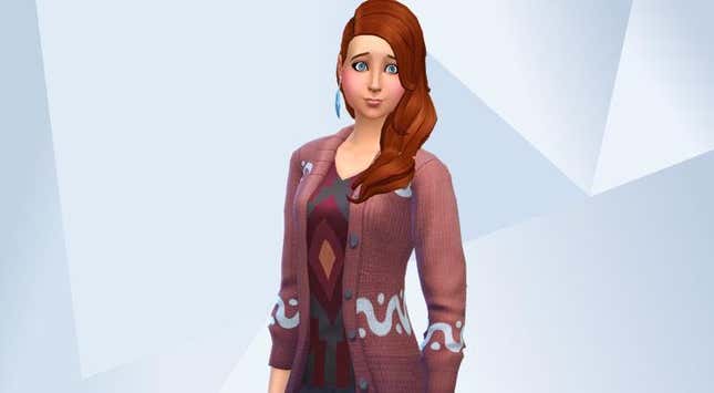 The Sims 4's Callia Maebey wearing a salmon-colored cardigan, standing against a gray background with a shy look on her face.