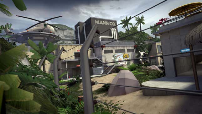 A map in Team Fortress 2 shows an island environment with a facility guarged by wire fencing.