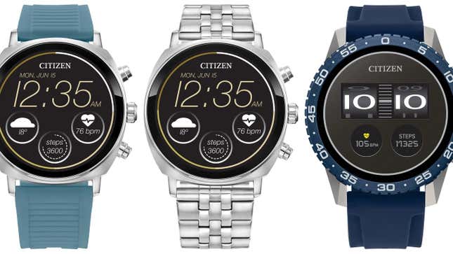 Three Citizen smartwatches with different colored and styled bands.