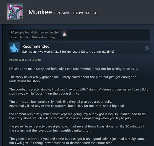 Image for article titled Babylon’s Fall, As Told By Steam Reviews
