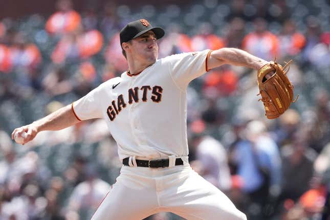 May 7, 2023; San Francisco, California, USA; San Francisco Giants starting pitcher Ross Stripling (48) throws a pitch against the Milwaukee Brewers during the first inning at Oracle Park.