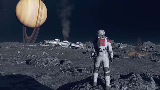 A screenshot of Starfield shows an astronaut looking at a planet. 