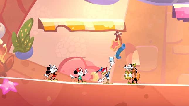 Mickey, Donald, Goofy, and Minnie platform together in Illusion Island.