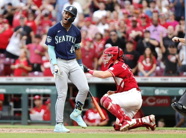 Sep 4, 2023; Cincinnati, Ohio, USA; Seattle Mariners center fielder Julio Rodriguez (44) reacts after striking out ending the game against the Cincinnati Reds during the ninth inning at Great American Ball Park.