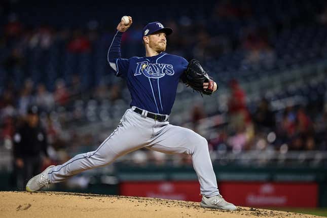 Apr 3, 2023; Washington, District of Columbia, USA; Tampa Bay Rays starting pitcher Drew Rasmussen (57) delivers a pitch against the Washington Nationals during the second inning at Nationals Park.