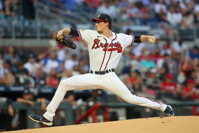 Aug 14, 2023; Atlanta, Georgia, USA; Atlanta Braves starting pitcher Max Fried (54) throws against the New York Yankees in the first inning at Truist Park.