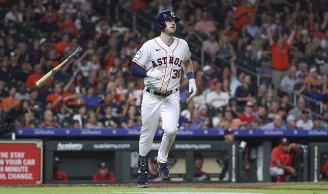 Jun 13, 2023; Houston, Texas, USA; Houston Astros right fielder Kyle Tucker (30) tosses his bat after hitting a home run during the fifth inning against the Washington Nationals at Minute Maid Park.
