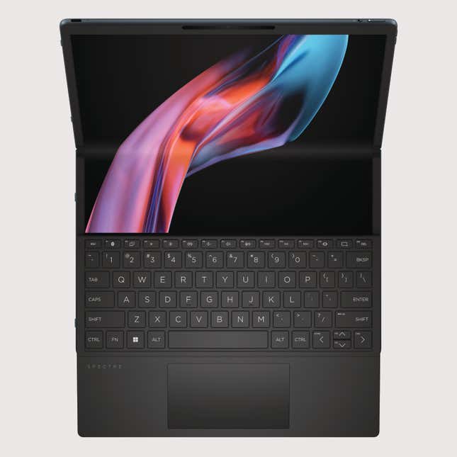 The HP Spectre’s keyboard can sit half on the bottom screen, allowing users to have different apps running along the bottom portion.