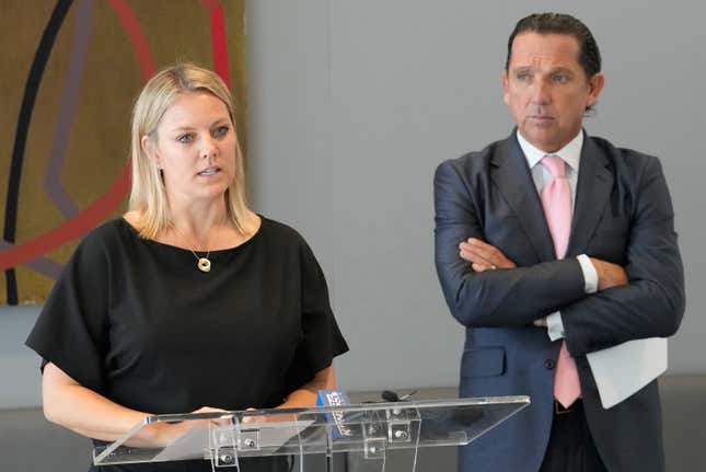 Former Spurs team psychologist Hillary Cauthen (left), with attorney Tony Buzbee