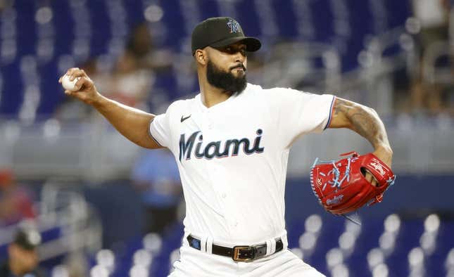 May 2, 2023; Miami, Florida, USA; Miami Marlins starting pitcher Sandy Alcantara (22) pitches against the Atlanta Braves during the first inning at loanDepot Park.