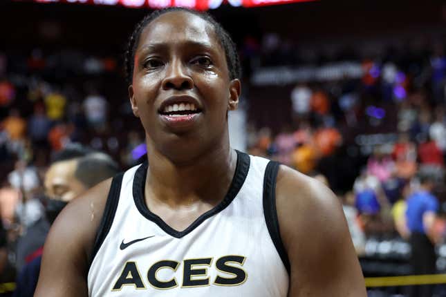 Chelsea Gray #12 of the Las Vegas Aces reacts after defeating the Connecticut Sun 78-71 in game four to win the 2022 WNBA Finals at Mohegan Sun Arena on September 18, 2022 in Uncasville, Connecticut. (Photo by Maddie Meyer/Getty Images)