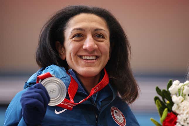 YANQING, CHINA - FEBRUARY 14: Silver medallist Elana Meyers Taylor of Team United States poses during the Women’s Monobob Bobsleigh medal ceremony on day 10 of Beijing 2022 Winter Olympic Games at National Sliding Centre on February 14, 2022 in Yanqing, China. 
