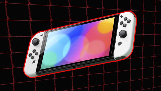 A Nintendo Switch hovers in front of a black background covered in red lines. 