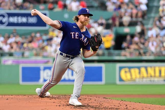 Jul 5, 2023; Boston, Massachusetts, USA; Texas Rangers starting pitcher Jon Gray (22) pitches against the Boston Red Sox during the first inning at Fenway Park.