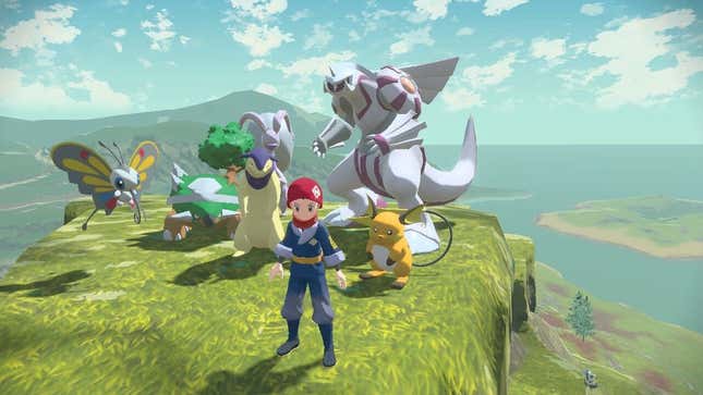 A Pokémon trainer is seen standing on a cliff with a team of Beautifly, Torterra, Typhlosion, Goodra, Palkia, and Raichu behind him.