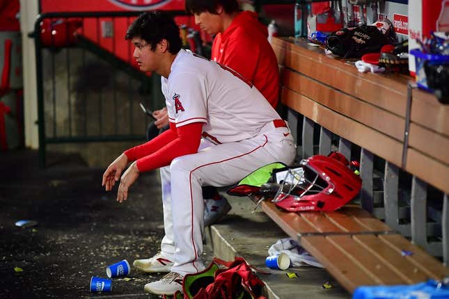 August 3, 2023; Anaheim, California, USA; Los Angeles Angels starting pitcher Shohei Ohtani (17) watches game action against the Seattle Mariners during the fifth inning at Angel Stadium.