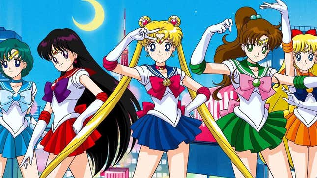 A still of Sailor Mercury, Sailor Mars, Sailor Moon, Sailor Jupiter, and Sailor Venus posing from the anime series.