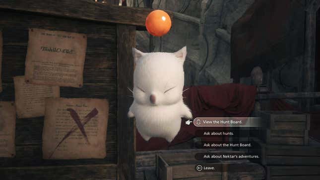 A set of dialogue options floats in front of a moogle. 