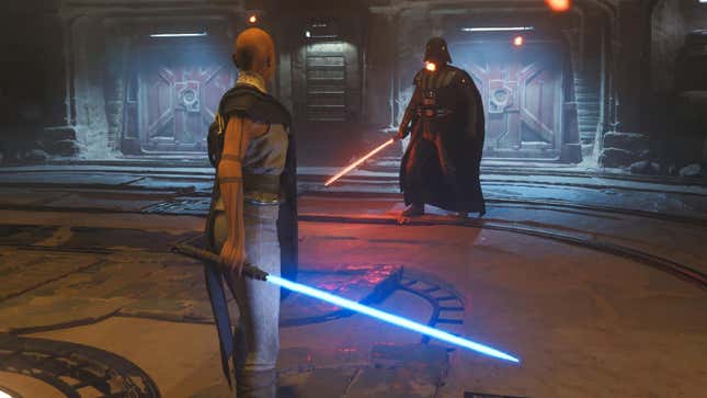 Cere Junda stands in front of Darth Vader while holding a blue lightsaber. 