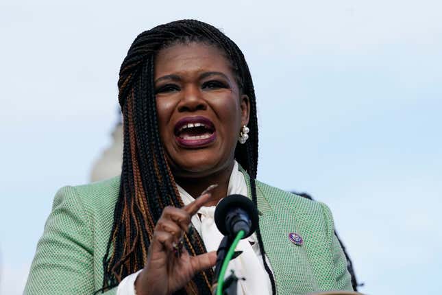 Rep. Cori Bush, D-Mo., speaks during a news conference as advocates call on the Senate to affirm the Equal Rights Amendment (ERA) as the 28th Amendment to the Constitution, Thursday, Dec. 8, 2022, on Capitol Hill in Washington. 