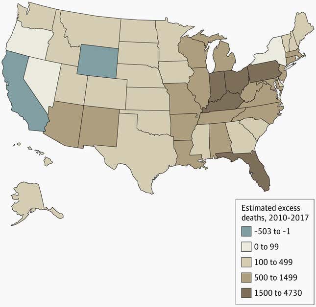 Estimated Excess Deaths From Increasing Midlife Mortality, United States, 2010-2017