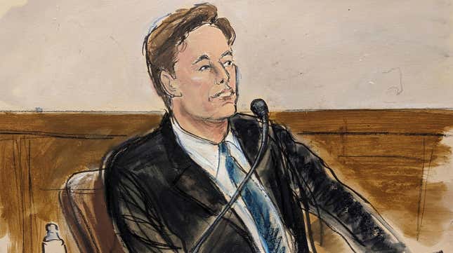 A sketch of Elon Musk sitting in a courtroom wearing a black suit and blue tie looking off to the side with a microphone in front of him.