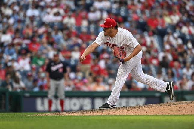 Aug 8, 2023; Philadelphia, Pennsylvania, USA;  Philadelphia Phillies relief pitcher Luis Ortiz (56) pitches in the eighth inning against the Washington Nationals at Citizens Bank Park.The Phillies won 8-4.