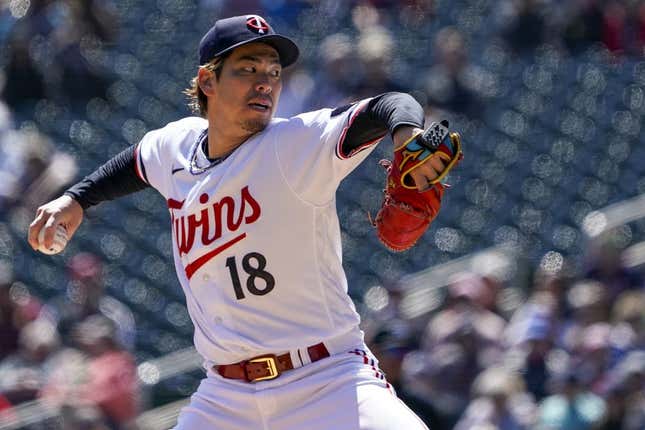 Apr 26, 2023; Minneapolis, Minnesota, USA; Minnesota Twins pitcher Kenta Maeda (18) delivers a pitch against the New York Yankees at Target Field.