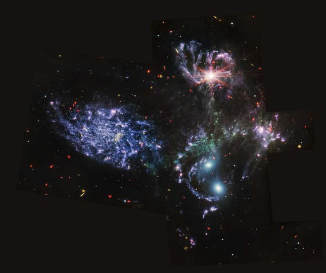 A galactic quintet as seen in three mid-infrared filters. In mid-infrared, a purple tint dominates the focused galaxies, while background galaxies are a collection of reds, yellows and blues.