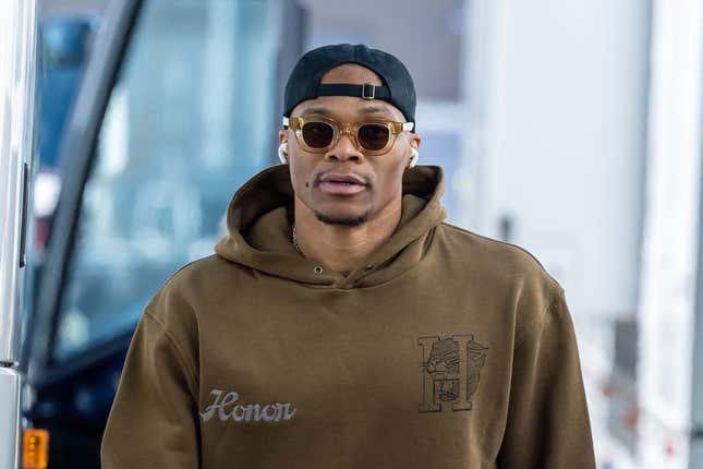 Feb 4, 2023; New Orleans, Louisiana, USA;  Los Angeles Lakers guard Russell Westbrook (0) arrives at the arena before the game against the New Orleans Pelicans at Smoothie King Center.