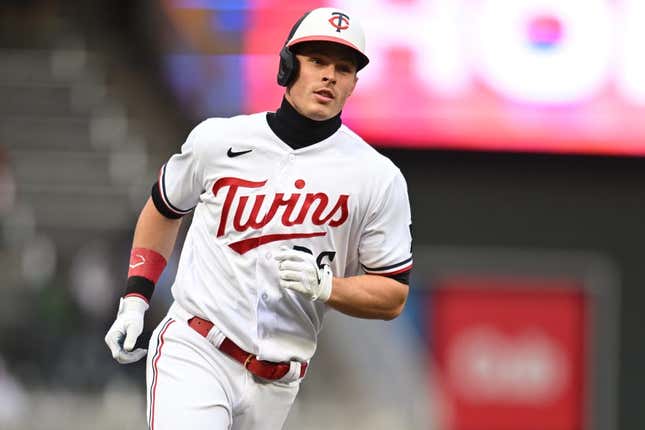 Apr 28, 2023; Minneapolis, Minnesota, USA; Minnesota Twins right fielder Max Kepler (26) rounds the bases after hitting a home run off Kansas City Royals starting pitcher Jordan Lyles (not pictured) during the first inning at Target Field.
