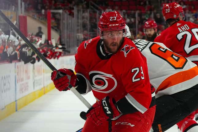 Mar 9, 2023; Raleigh, North Carolina, USA; Carolina Hurricanes right wing Stefan Noesen (23) skates against the Philadelphia Flyers during the first period at PNC Arena.