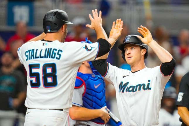 Sep 6, 2023; Miami, Florida, USA; Miami Marlins shortstop Joey Wendle (18) celebrates after hitting a home run against the Los Angeles Dodgers during the fifth inning at loanDepot Park.