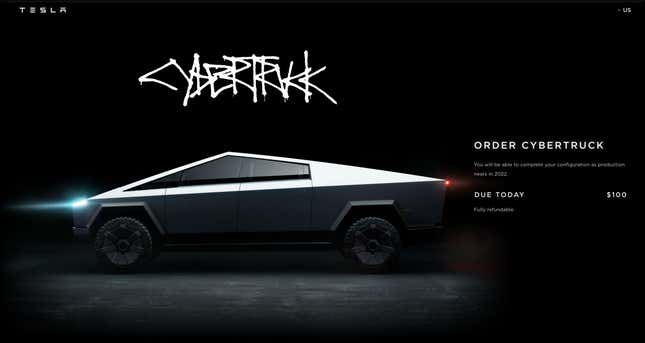 Tesla’s Cybertruck website as it appeared in early December 2021, before the year “2022&quot; was purged.