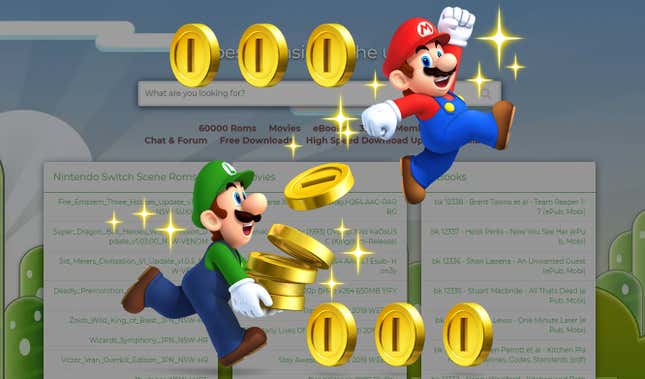 Mario and Luigi collect coins over a screenshot of the RomUniverse website circa 2019. 