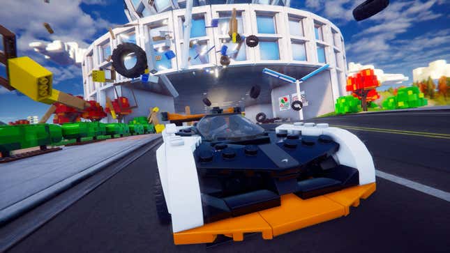 A promotional image of Lego 2K Drive featuring a McLaren Solus GT.