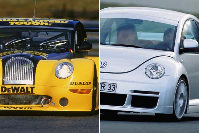 Morgan Aero 8 race car (left) and Volkswagen New Beetle RSi