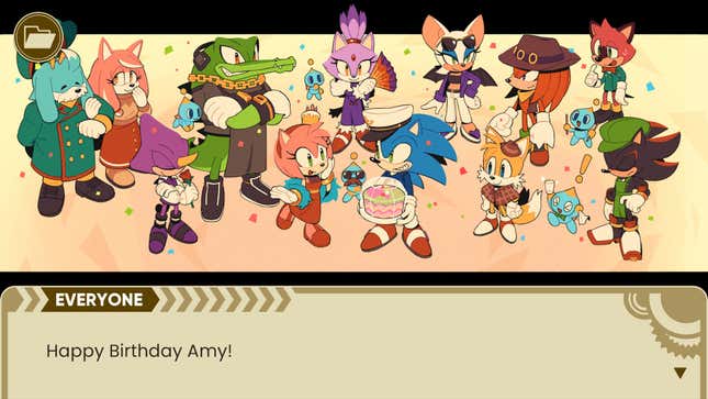 The cast of The Murder of Sonic the Hedgehog is seen celebrating Amy's birthday.