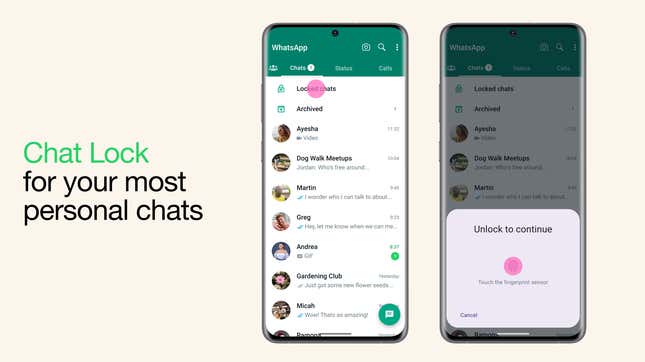 A screenshot from the WhatsApp video showing how the Chat Lock feature works, displaying a phone with WhatsApp open and an "unlock to continue" pop up visible on the screen